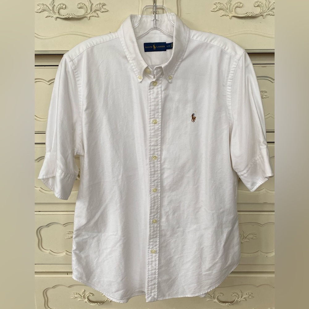 Women’s Polo Ralph Lauren elbow length white cotton button up top
